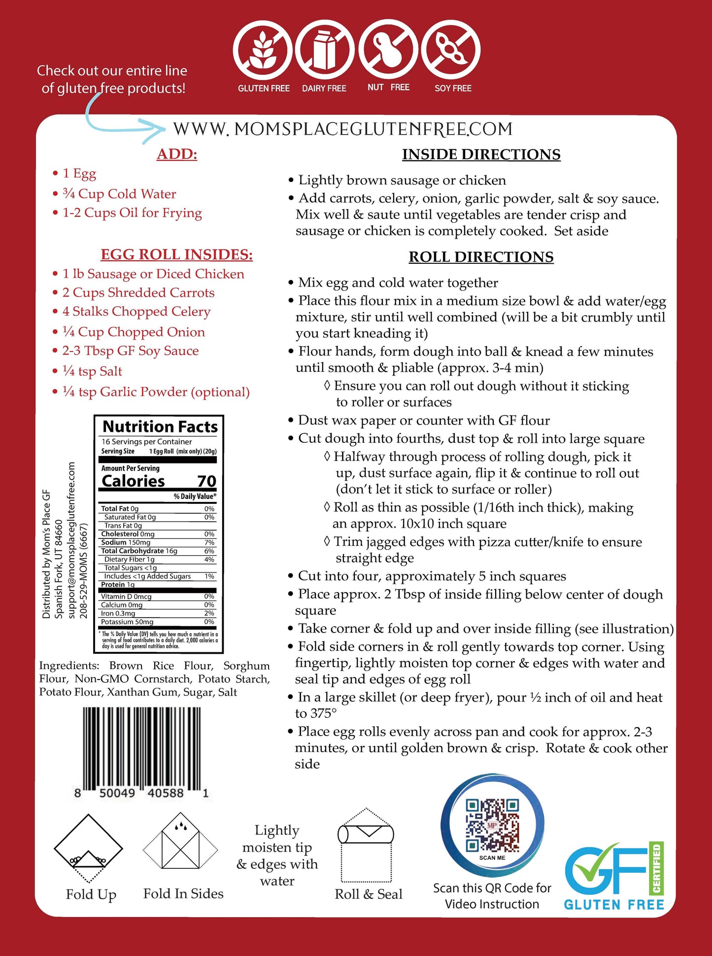 Back of a food package with gluten-free certification and recipe instructions.
