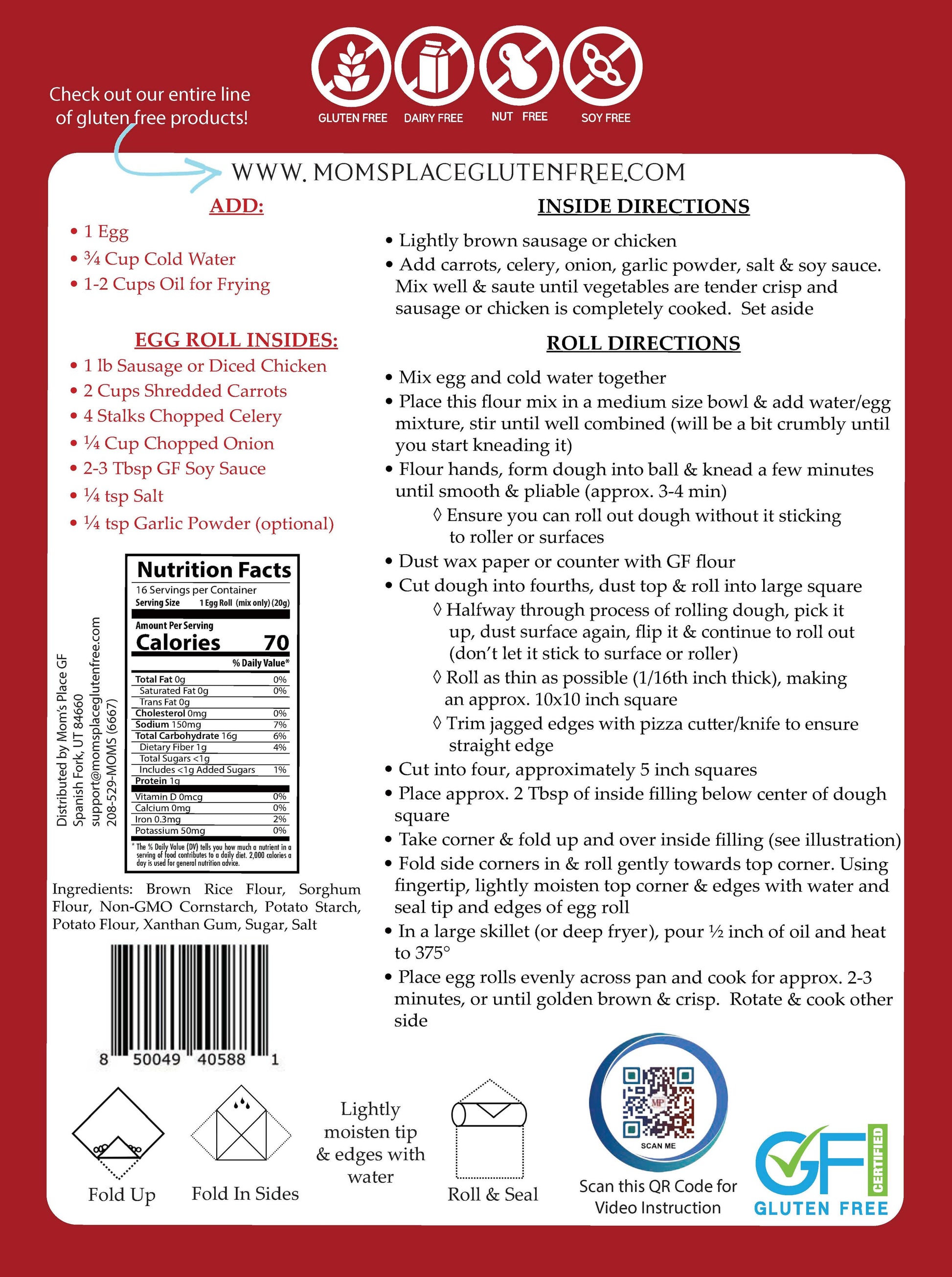 Back of a food package with gluten-free certification and recipe instructions.