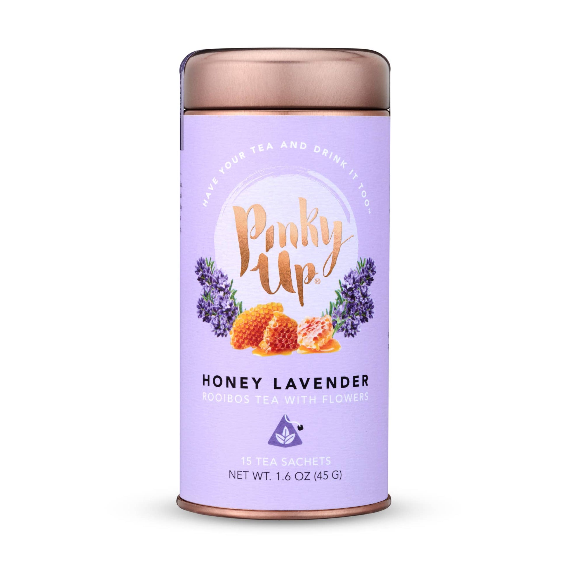 Purple tea canister with 'Pinky Up' branding and honey lavender flavor text on a white background