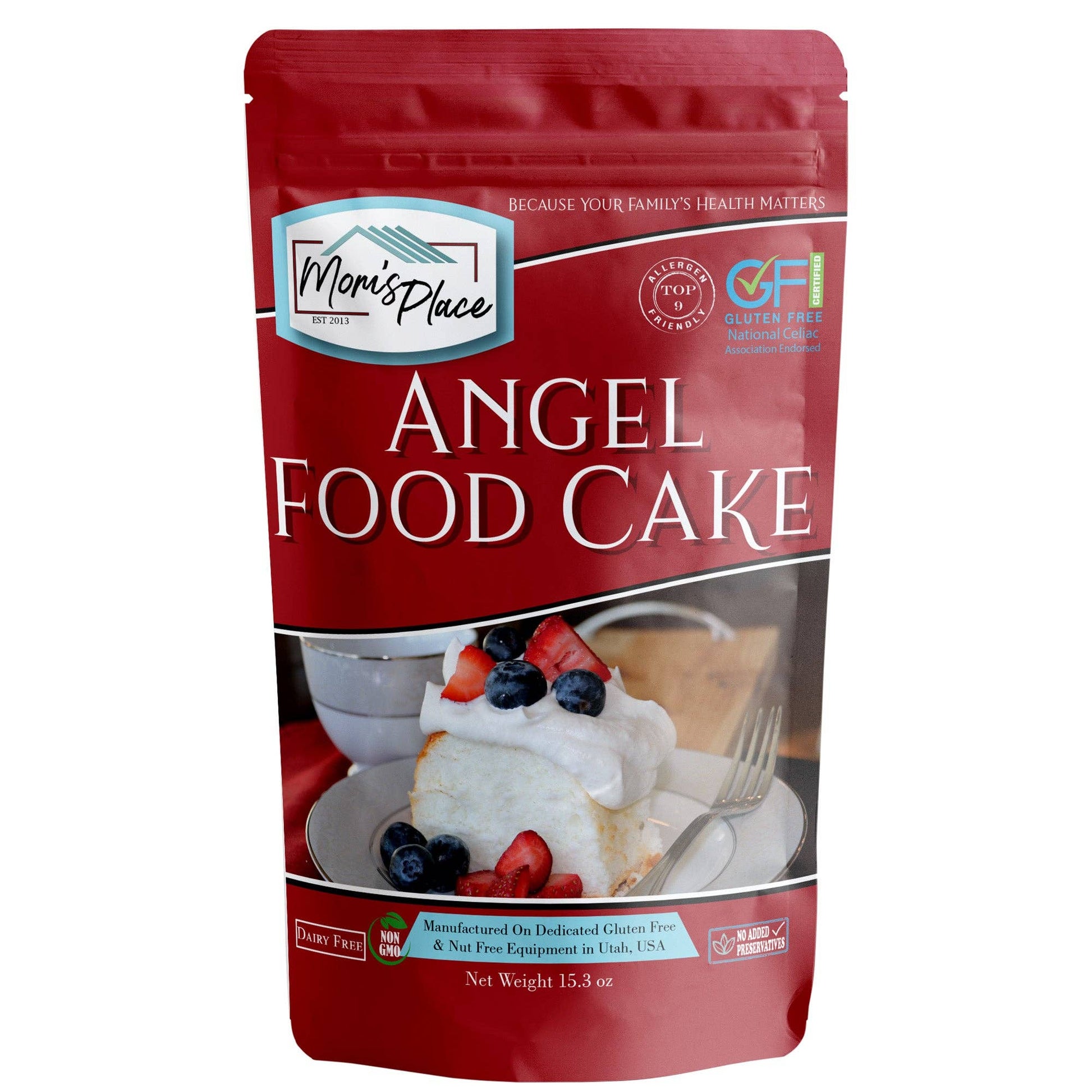 Red package of Angel Food Cake from Mon's Place on a white background