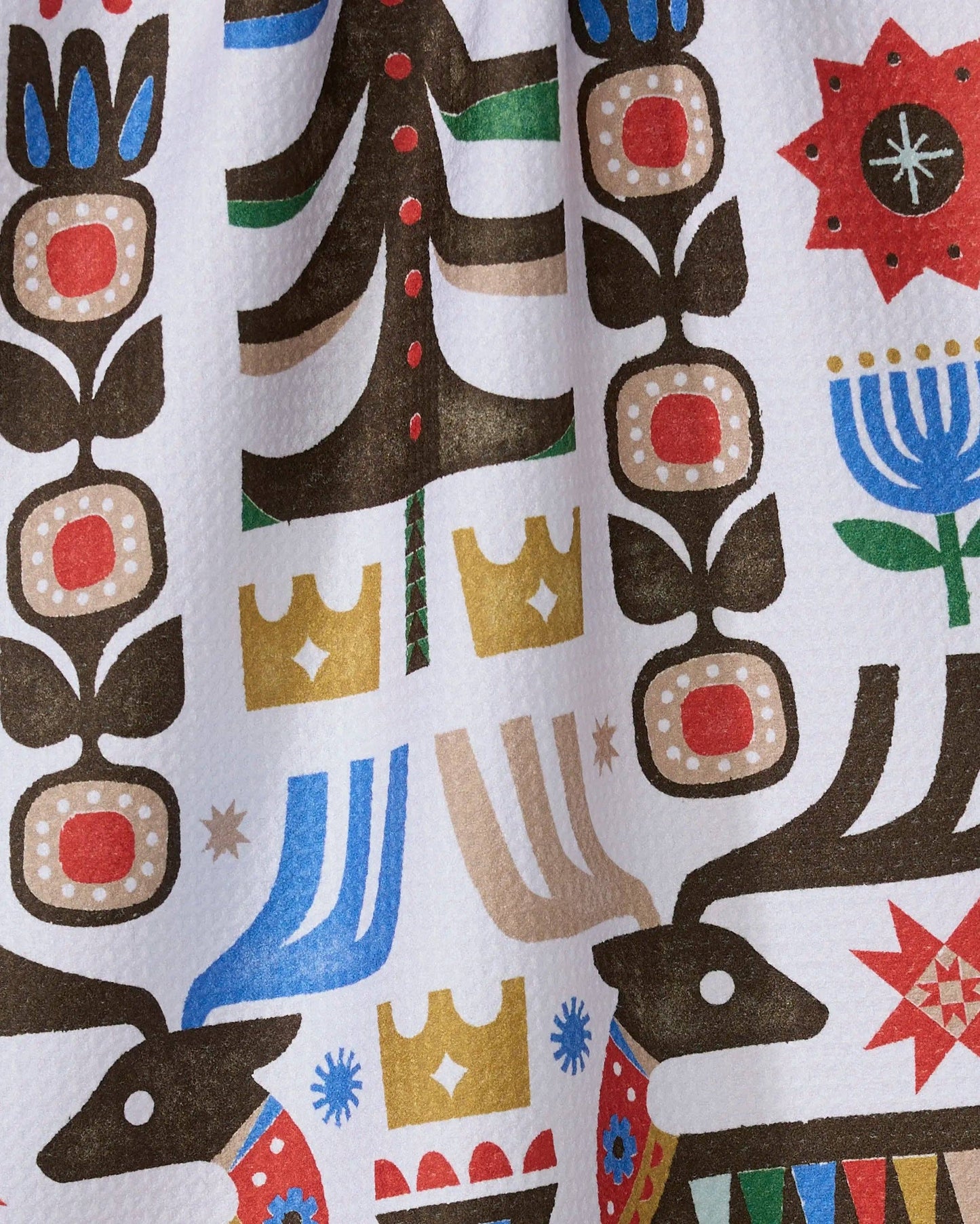 Geometry Tea Towel Everfolk  Colorful patterned fabric with abstract designs on a white background