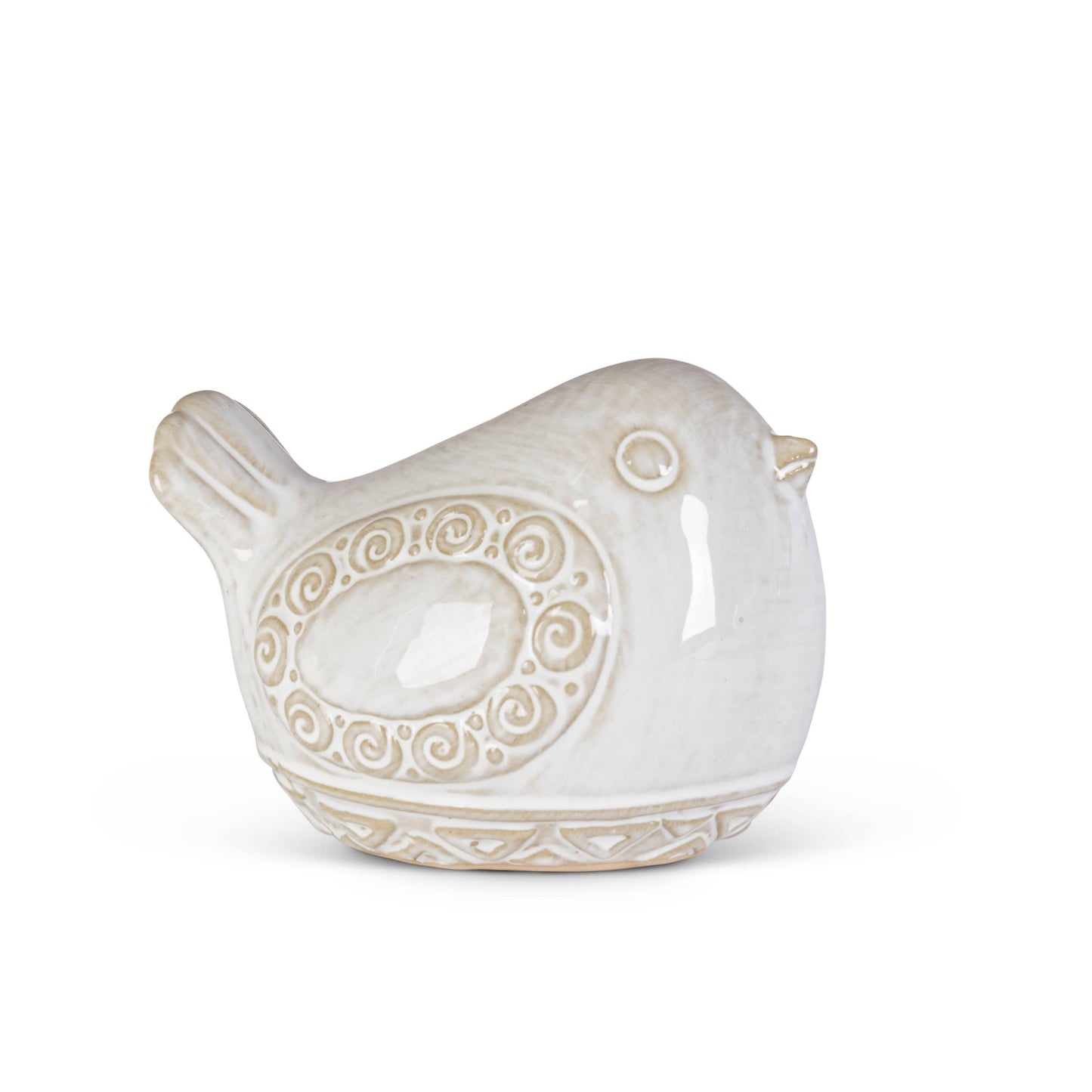 White ceramic bird figurine with decorative patterns on a white background