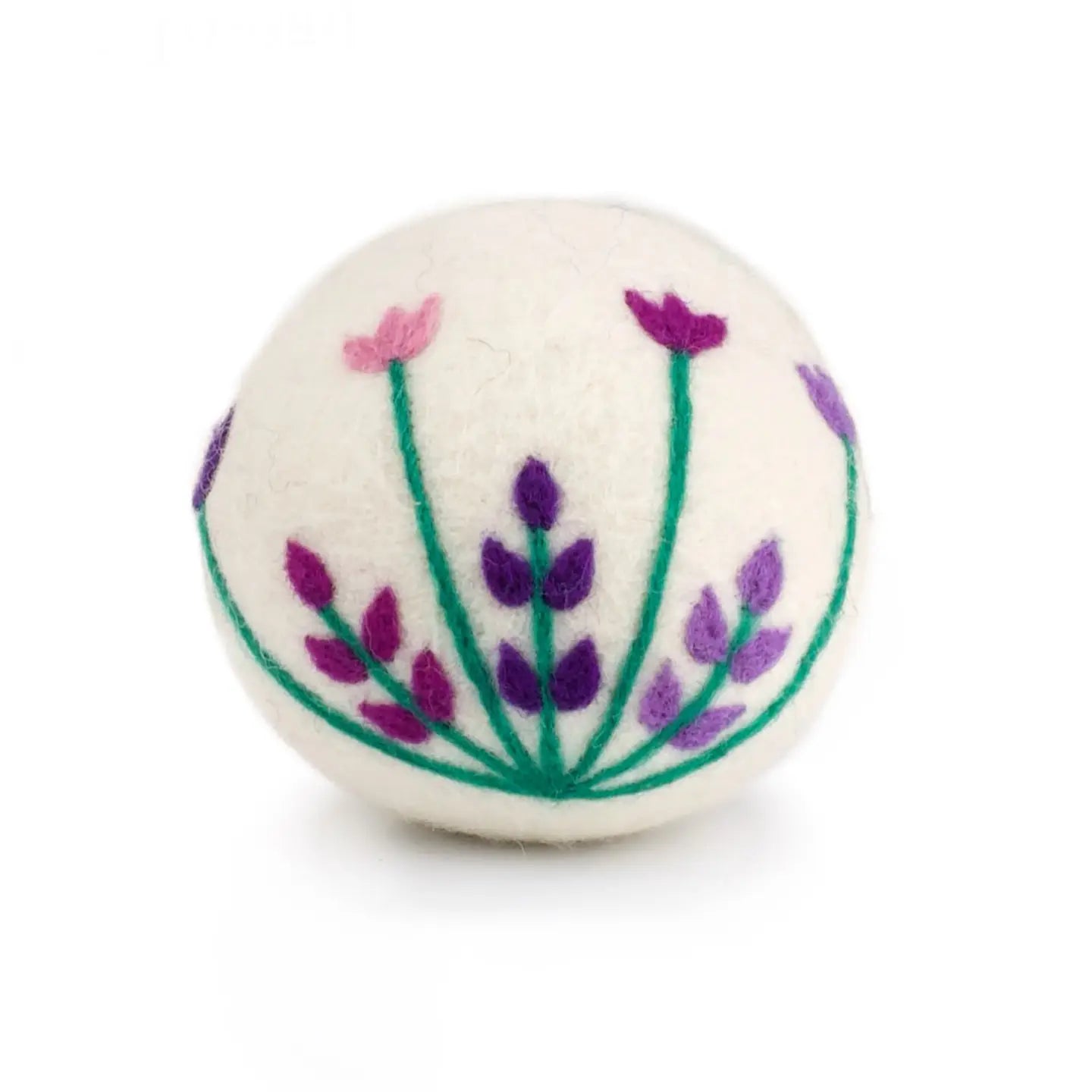 White ball with floral design featuring purple and green on a white background