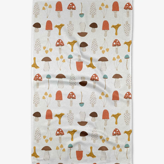 Geometry kitchen tea towel with a pattern of colorful mushrooms on a white background