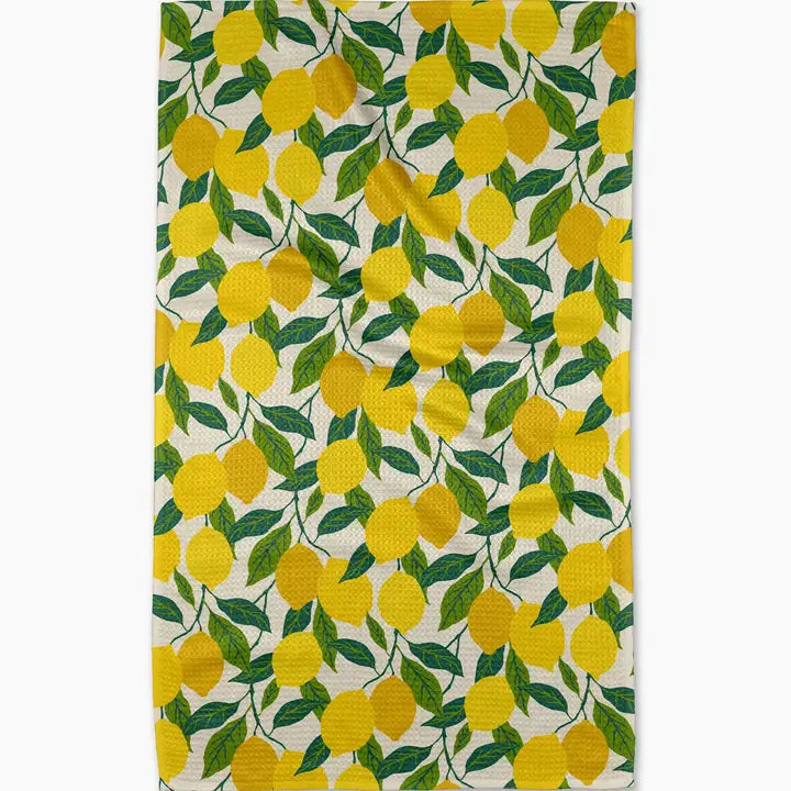 Lemon patterned Geometry Tea Towel on a white background