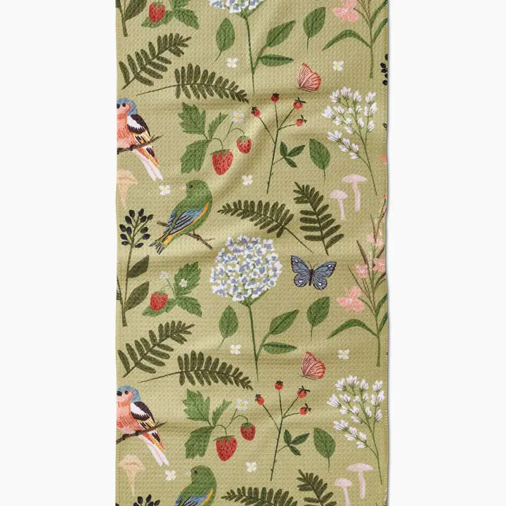 Geometry bar towel with nature-themed design featuring birds, flowers, and leaves on a beige background