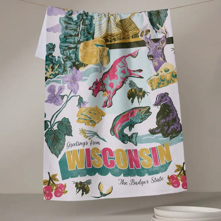 Decorative Geometry Tea towel with Wisconsin-themed design featuring animals and nature elements.