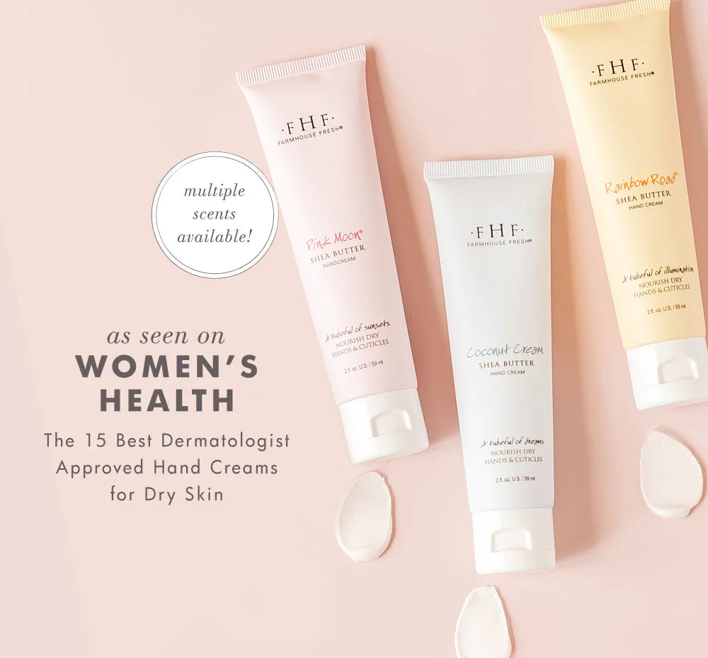 Three tubes of FHF hand cream on a pink background with text about dermatologist-approved hand creams.
