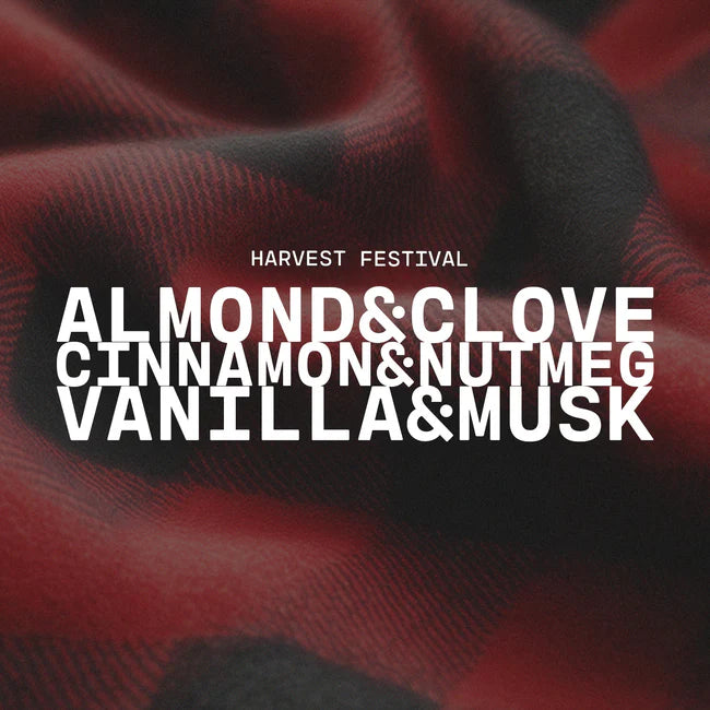 Text on a red and black checkered fabric background with 'Harvest Festival' at the top.