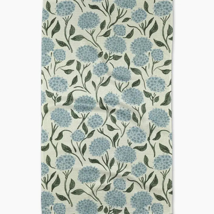 Geometry Tea Towel with blue floral design on a light background