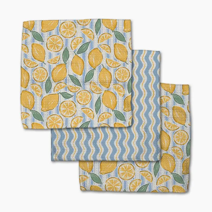 Set of three Geometry dishcloth towels with fruit pattern on a white background