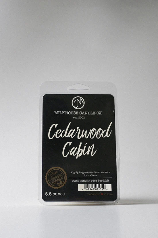 Milkhouse Candle Co. Cedarwood Cabin wax melt packaging on a white background