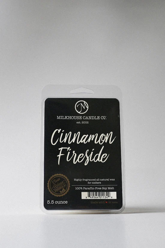 Milkhouse Candle Co. Cinnamon Fireside wax melt package on a white background