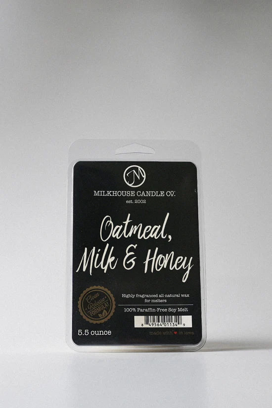 Milkhouse Candle Co. wax melt package labeled 'Oatmeal, Milk & Honey' on a white background