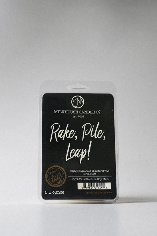 Milkhouse Candle Co. wax melt package on a gray background Rake, Pile, Leap!