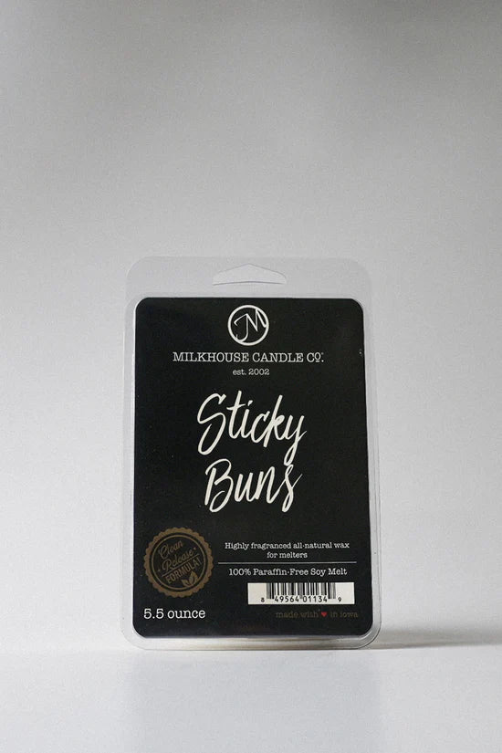 Milkhouse Candle Co. 'Sticky Buns' wax melt package on a white background