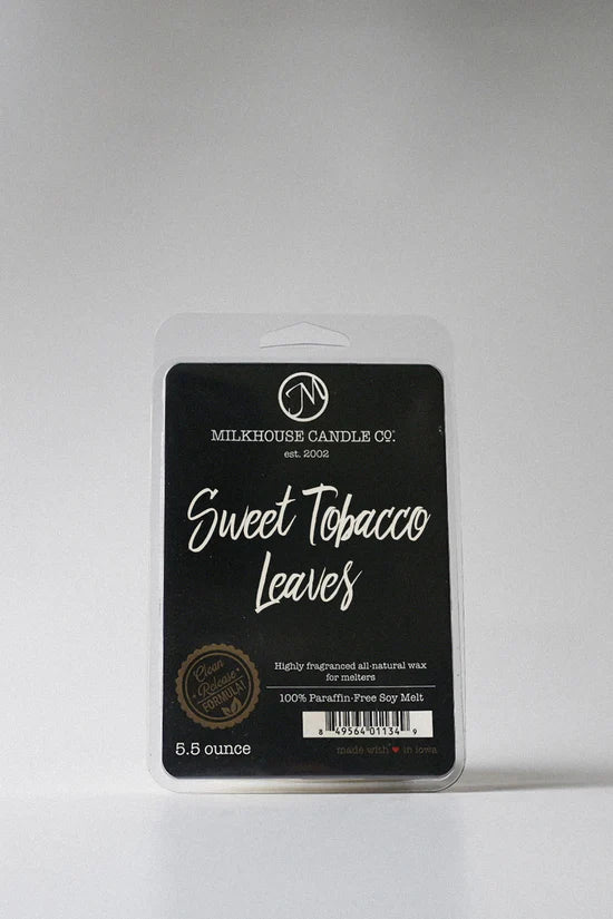 Milkhouse Candle Co. Sweet Tobacco Leaves wax melt packaging on a white background