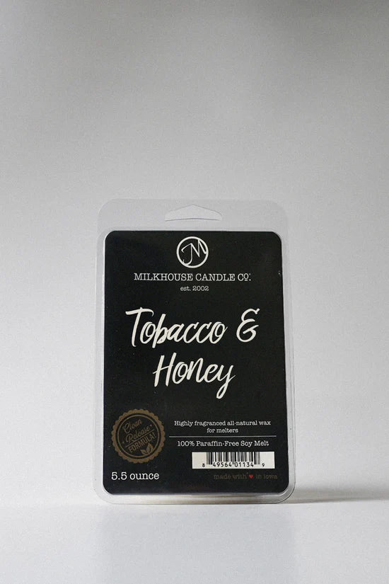 Milkhouse Candle Co. Tobacco & Honey wax melt packaging on a white background