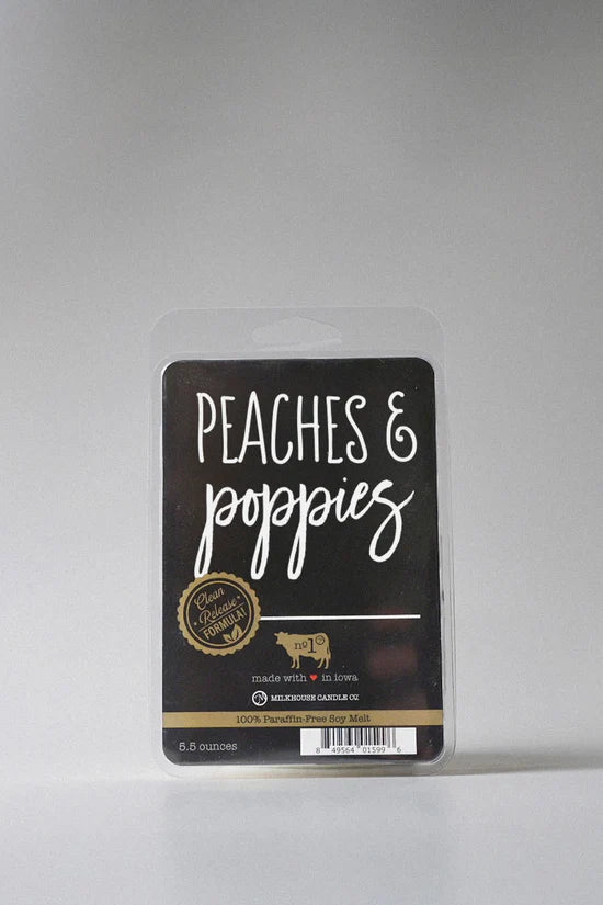 Packaged product with 'Peaches & Poppies' branding on a gray background