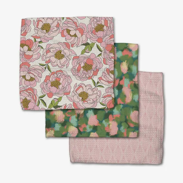 Set of three Geometry dishcloth towels with floral pattern on a white backgroun