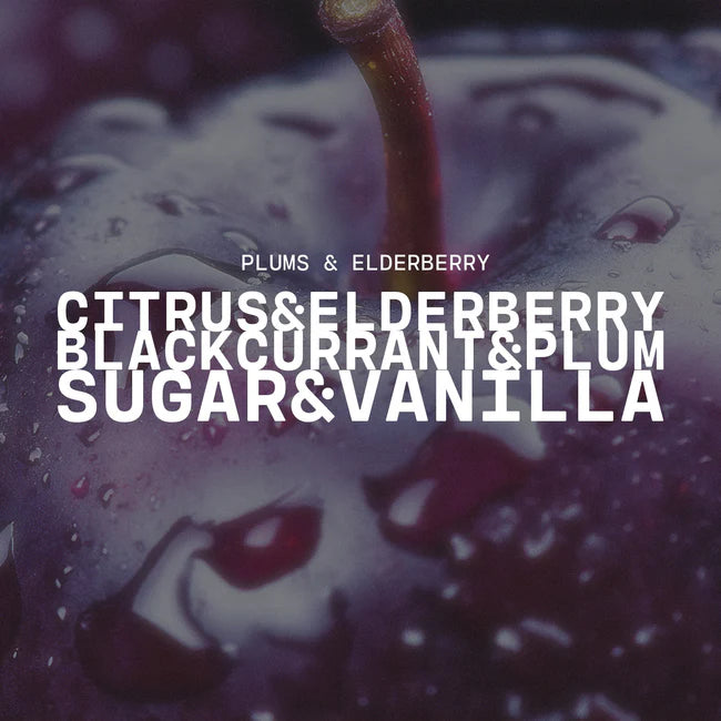 Close-up of plums with text overlay on a dark background