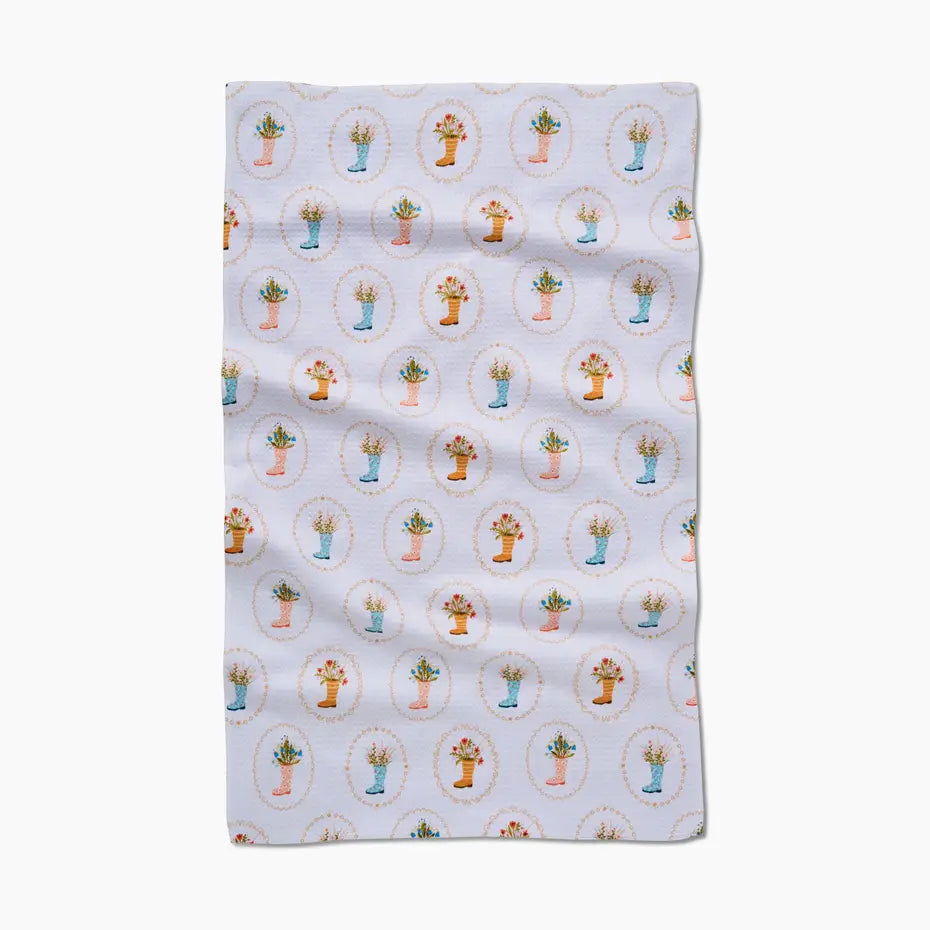 Rainboot & Floral patterned Geometry Tea Towel on a white background