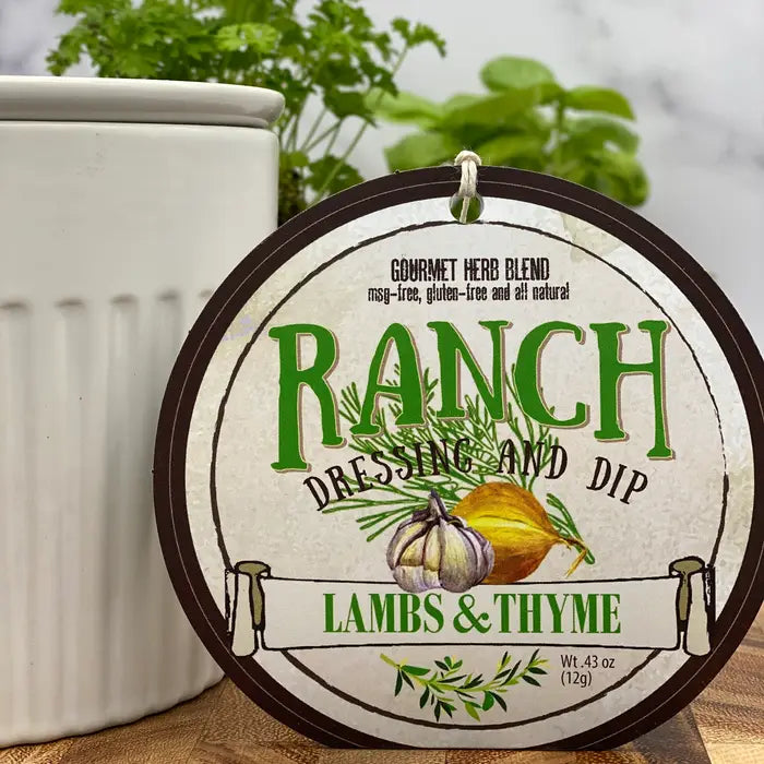 Lambs & Thyme Ranch Dressing and Dip label with a plant in the background