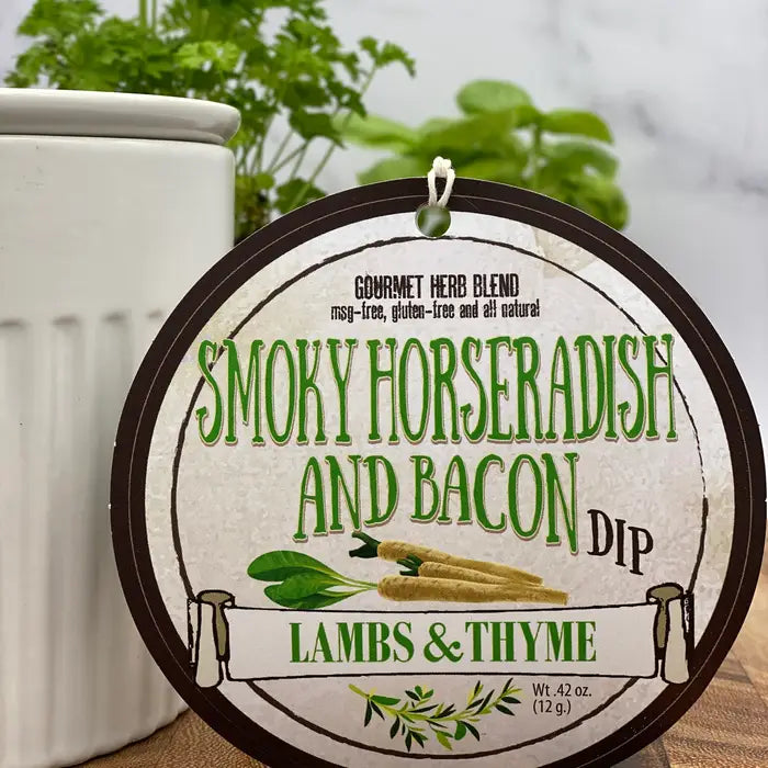 Label for 'Smoky Horseradish and Bacon Dip' by Lambs & Thyme on a white container.