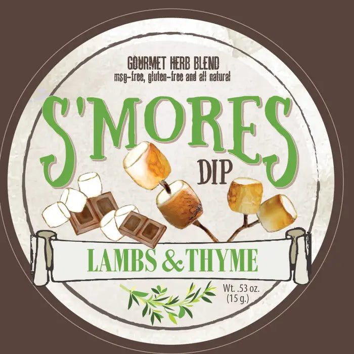 Label for S'mores Dip by Lambs & Thyme with marshmallows, chocolate bars, and a brown background.