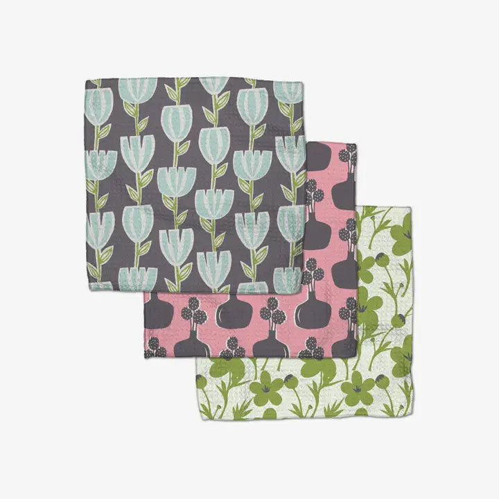 Set of three Geometry dishcloth towels with floral pattern on a white backgroun