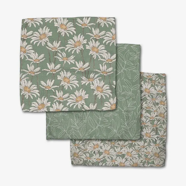 Set of three Geometry dishcloth towels with floral pattern on a white background