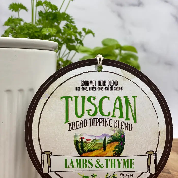 Tuscan Bread Dipping Blend label with scenic design on a white background from Lambs & Thyme