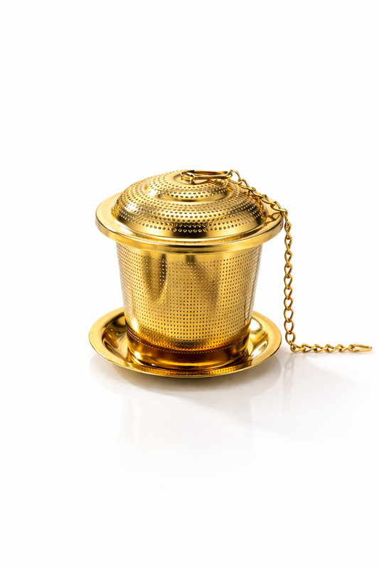 Gold metal tea infuser with chain on a white background