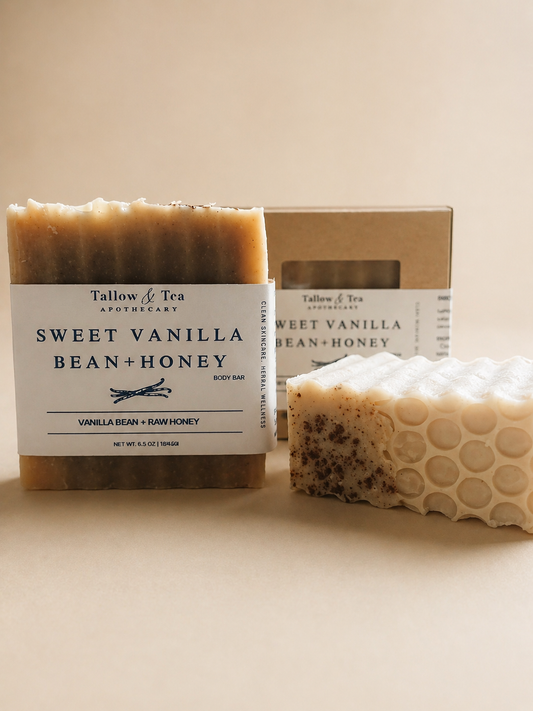Bar of soap with 'Sweet Vanilla Bean + Honey' label and a honeycomb texture on a beige background.