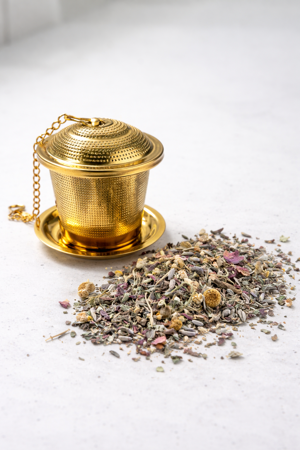 Gold tea infuser with loose leaf tea on white background