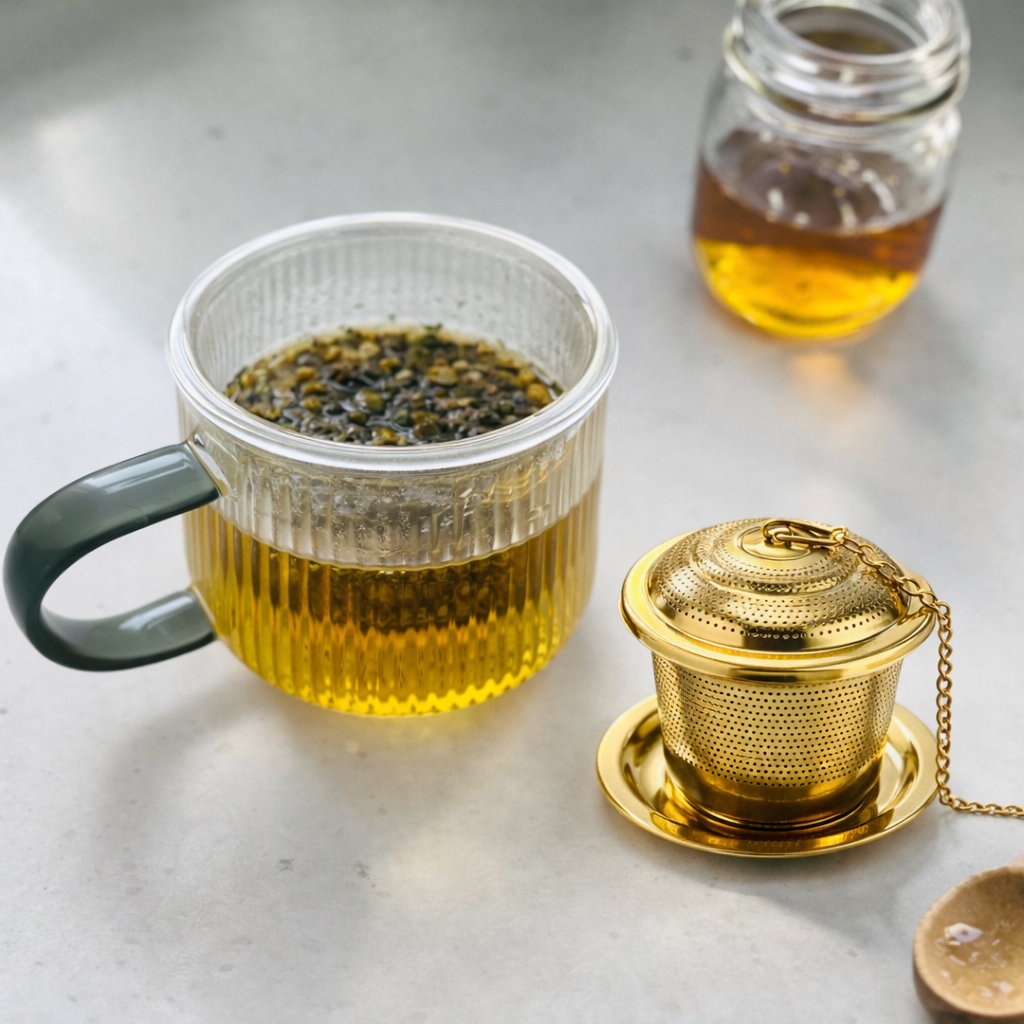 Tea cup with a gold mesh tea infuser on a light surface