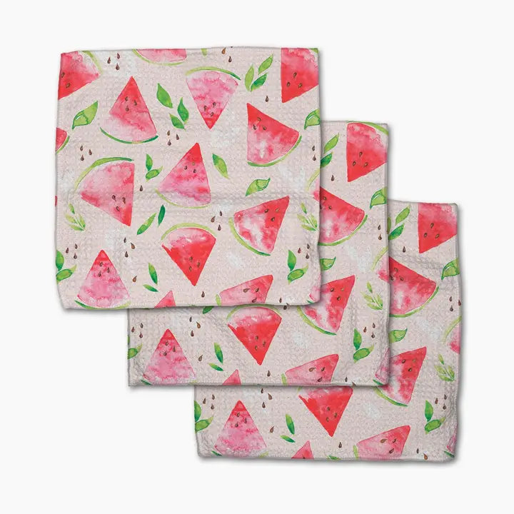 Set of three Geometry dishcloth towels with watermelon pattern on a white background